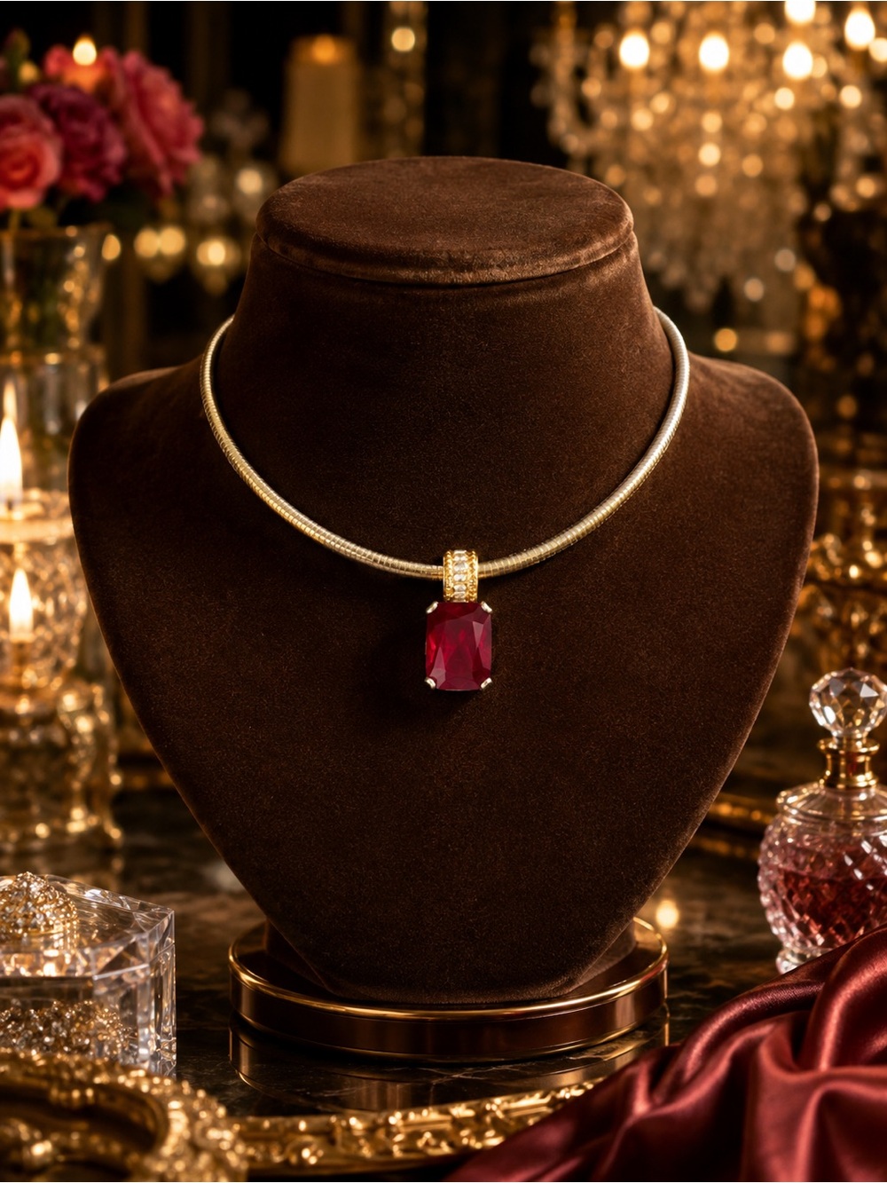 Elegant Gold Choker Necklace with Deep Red Pendant